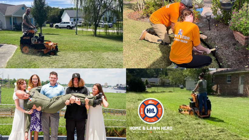 Collage of Home and Lawn Hero team providing lawn mowing, landscaping, and edging services, alongside a family photo showcasing the veteran-owned, family-operated business with the Home and Lawn Hero logo
