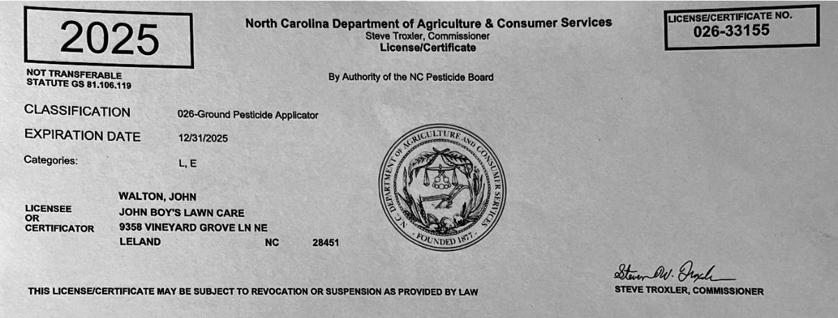 2025 certified pesticide applicator license for Home and Lawn Hero, ensuring professional and safe weed and pest control services in southeastern North Carolina.
