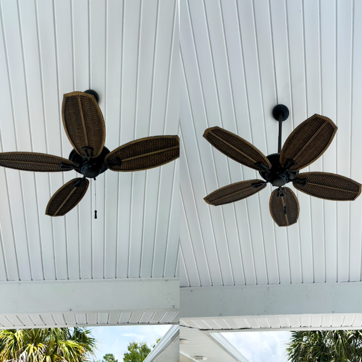 Before and after picture of a repaired ceiling fan. The first image shows a fan missing a blade the second shows the repaired fan.